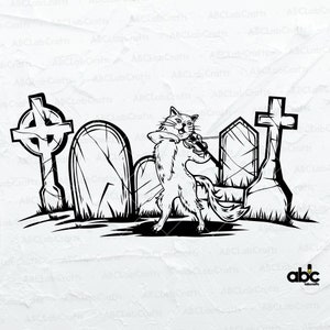 Puede incluir: Ilustración en blanco y negro de un gato tocando el violín en un cementerio. El gato está de pie sobre sus patas traseras y sostiene el violín con sus patas delanteras. Hay dos lápidas detrás del gato, una con una cruz celta y la otra con una cruz simple.