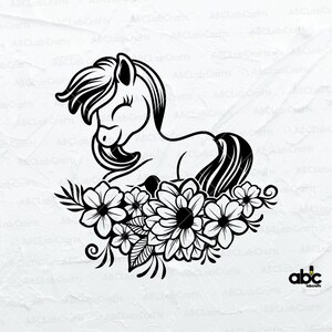 May include: Black and white illustration of a pony with closed eyes, surrounded by flowers and leaves. The pony has a flowing mane and tail. The floral arrangement includes various flower types and foliage.