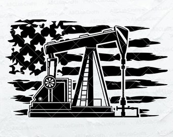 May include: Black and white silhouette of an oil rig pump jack against a distressed American flag background.