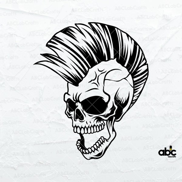 Mohawk Skull Svg File | Hairstyle Svg | Skull Svg | Punk Rock Svg | Skeleton Svg | Png DXF Jpg Eps File for Cricut Silhouette Printable