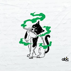 Pode incluir: Ilustração de um gato preto e branco fumando um cigarro, com fumaça verde ao seu redor. O gato é retratado em posição sentada. A imagem tem um estilo de desenho animado.