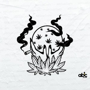 May include: Black and white illustration of a hand holding a marijuana leaf with smoke rising from it. The hand is surrounded by marijuana leaves.