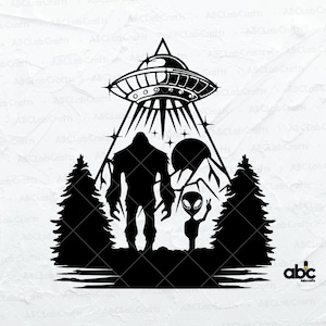 Bigfoot y Alien bajo el archivo Svg de la luna, OVNI Svg, Yeti Svg, Bigfoot Svg, Alien Svg, Dxf Png Eps Archivos para Cricut Silhouette Imprimible