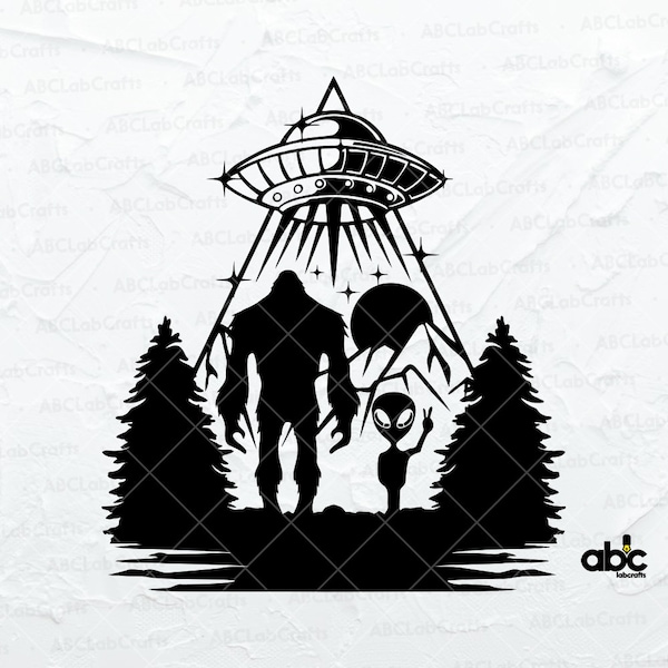 Bigfoot and Alien under the Moon Svg File | UFO Svg | Yeti Svg | Bigfoot Svg | Alien Svg | Dxf Png Eps Files for Cricut Silhouette Printable