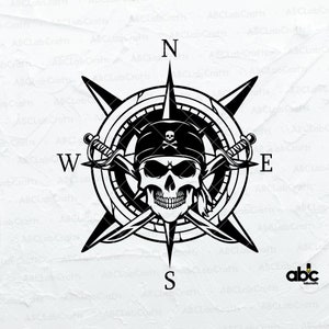 May include: Black and white illustration of a skull wearing a pirate's bandana and holding crossed swords. The skull is in the center of a compass with the directions North, South, East, and West.