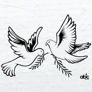 May include: Two black and white stylized doves with olive branches in their beaks, symbolizing peace.