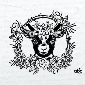 Goat with Floral Wreath Svg File | Farm Animal Svg | Cute Animal Svg | Goat Svg | Png DXF Jpg Eps File for Cricut Silhouette Printable