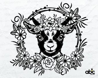 Goat with Floral Wreath Svg File | Farm Animal Svg | Cute Animal Svg | Goat Svg | Png DXF Jpg Eps File for Cricut Silhouette Printable
