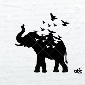 May include: Black silhouette of an elephant with a flock of birds flying out of its body. The birds are all facing the same direction and are flying in a V-formation. The elephant is standing on a white background.
