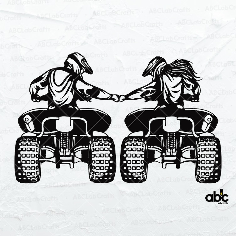 May include: Black and white illustration of two people riding four-wheelers, holding hands. They are wearing helmets and riding in opposite directions.