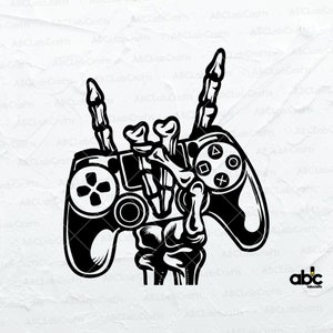 May include: Black and white illustration of a skeleton hand holding a video game controller. The controller has buttons and a joystick. The skeleton hand is making a rock and roll hand gesture.