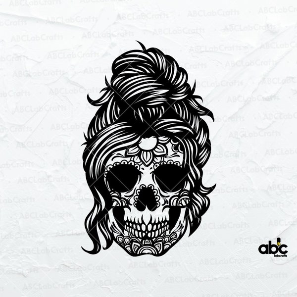 Messy Bun Hair Skull Svg File | Sugar Skull Svg | MomLife Skull Svg | Mom Svg | Mom Svg | Mom Life Svg | Messy BunHair Svg | Bun Mom Svg