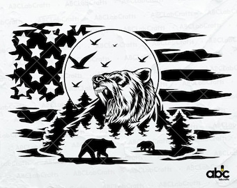 US Bear Scene Svg File | Adventure Svg | Camping Scene Svg | Outdoor Svg | Wild Bear Png | Wild Bear Svg | Bear Cutfile | Traveler Svg