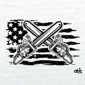 May include: Black and white illustration of two crossed chainsaws with a distressed American flag background.