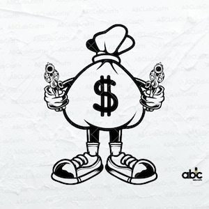 Gangster Money Bag con pistola Svg File / Money Bill Svg / Hipster Kid Clipart / Mafia Man Png DXF Jpg Eps File per Cricut Silhouette stampabile