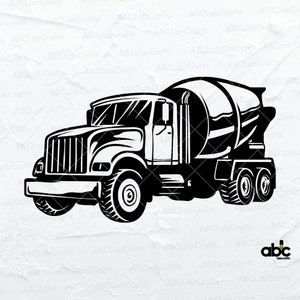 May include: Black and white illustration of a cement mixer truck. The truck has a large drum on the back and a cab with a windshield.