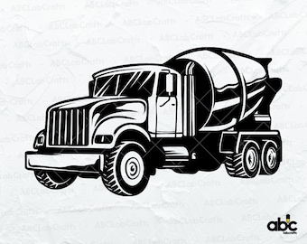 May include: Black and white illustration of a cement mixer truck. The truck has a large drum on the back and a cab with a windshield.