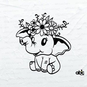 May include: A black and white line drawing of a baby elephant wearing a flower crown. The elephant is sitting with its legs crossed and has a sweet expression on its face.