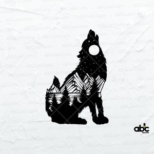 May include: Black silhouette of a wolf howling at the moon with a mountain range and forest inside the wolf's body.