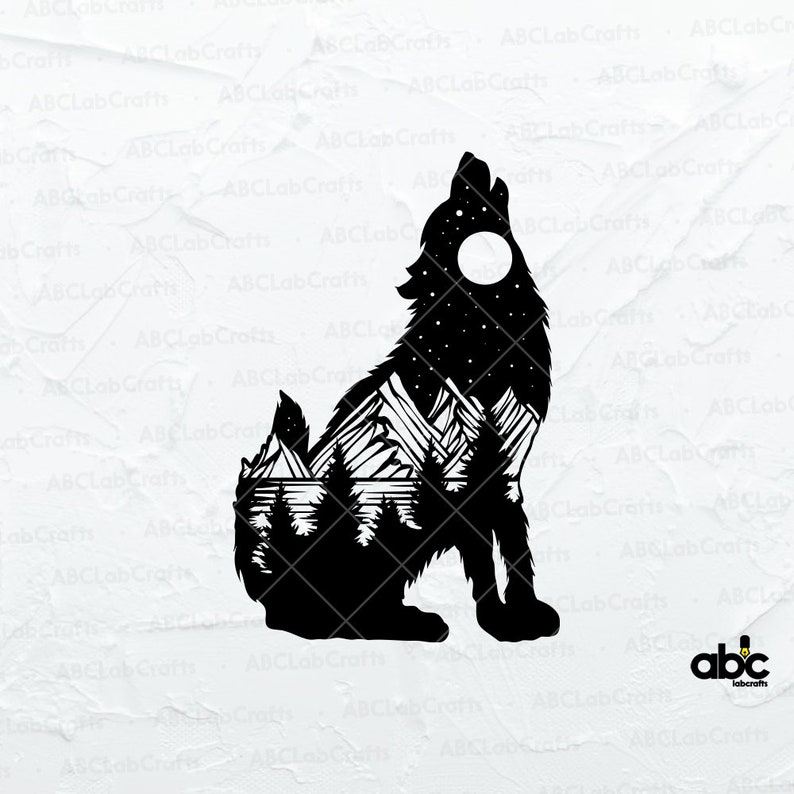 May include: Black silhouette of a wolf howling at the moon with a mountain range and forest inside the wolf's body.
