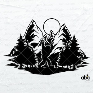 Arquivo Svg da montanha Bigfoot | Cena de montanha | Pé Grande Svg | Monstro Selvagem Svg | Pé Grande Svg | Arquivos Png Eps para impressão de silhueta Cricut