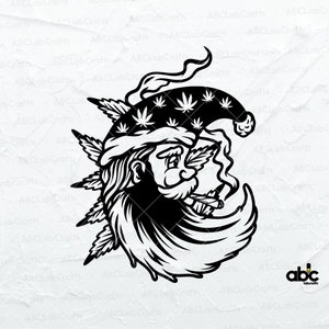 May include: Black and white illustration of Santa Claus with a long beard and a hat decorated with cannabis leaves. Santa is smoking a cannabis cigarette. The image is a vector graphic.