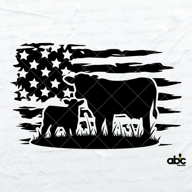 May include: Black silhouette of a cow and calf standing in front of a distressed American flag.