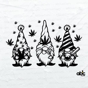 May include: Three black and white gnomes with marijuana leaves and smoking pipes. The gnomes are wearing different hats.