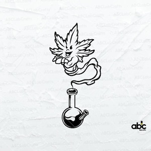 Puede incluir: Ilustración en blanco y negro de una hoja de marihuana de dibujos animados con una cara sonriente, vestida con un disfraz de genio y saliendo de una pipa de agua.