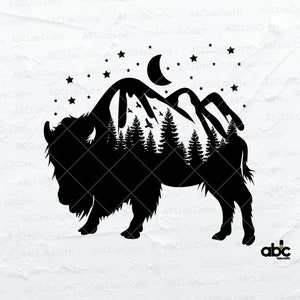 Buffalo Svg File | Bison Svg | Hiking svg | Buffalo Silhouette Svg | Buffalo Forest Svg | Mountains Svg | Pine Tree Svg