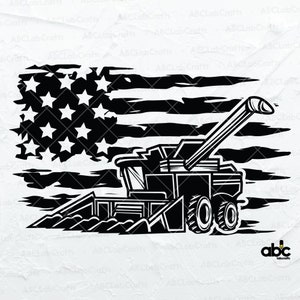 May include: Black and white silhouette of a combine harvester in front of a distressed American flag. The combine harvester has a large auger and a header.
