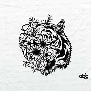 May include: Black and white illustration of a tiger's head with flowers covering part of the face. The tiger has a fierce expression and the flowers are delicate and intricate.