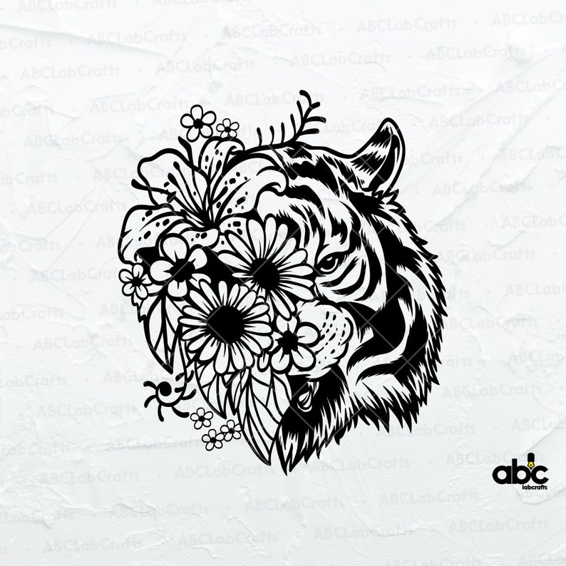 May include: Black and white illustration of a tiger's head with flowers covering part of the face. The tiger has a fierce expression and the flowers are delicate and intricate.