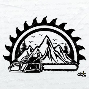 May include: Black and white silhouette of a chainsaw with a mountain range and trees in the background. The chainsaw is inside a circular saw blade.