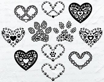 Paquete Svg de impresión de pata, Imágenes prediseñadas de corazones de pata, Corazones de impresión de pata Png, Imágenes prediseñadas de patas de perro, Archivos Dxf Png Eps para Cricut Silhouette Imprimible