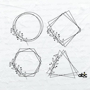 May include: Four different black outline frames with a simple floral design. The frames are a circle, a square, a hexagon, and a triangle.