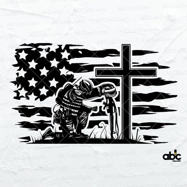 Kneeling at Memorial Svg | Soldier Kneeling Praying | US Soldier Kneeling Praying at Memorial Cross Svg | Fallen Soldier Svg | Cut Files