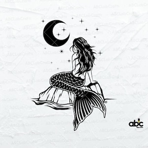 May include: Black and white illustration of a mermaid sitting on a rock with a crescent moon and stars in the background.
