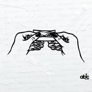 May include: Black and white line art illustration of two hands rolling a cigarette.