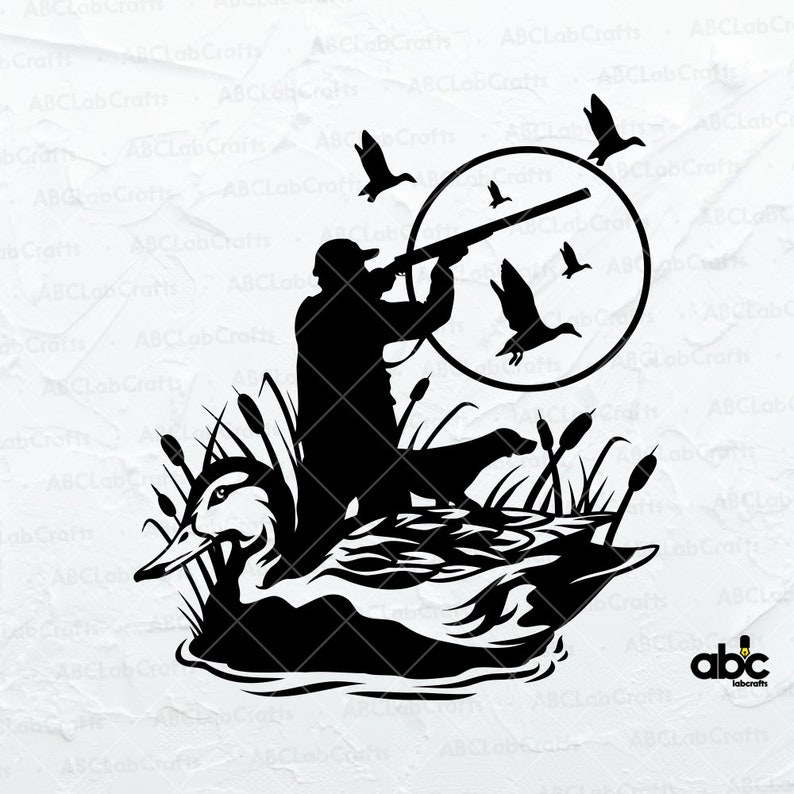 May include: Black silhouette of a duck hunter aiming a shotgun at flying ducks. The design includes a duck in the water, cattails, and a circular frame. The image is a graphic design for hunting enthusiasts.