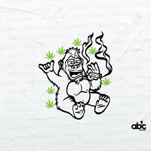 May include: A black and white cartoon illustration of a gorilla smoking a joint. The gorilla is wearing a relaxed expression and has a large, toothy grin. The gorilla is surrounded by green marijuana leaves.