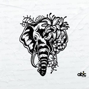 May include: Black and white illustration of an elephant's head with flowers and leaves around it. The elephant's trunk is curled up and has a flower on it.