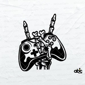 May include: A black and white illustration of a skeleton hand holding a video game controller. The controller has buttons labeled A, B, X, and Y. The skeleton hand is making a rock and roll hand gesture.