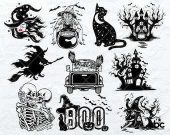 May include: A collection of black and white Halloween-themed illustrations. The images include a witch with a hat, a black cat with a crescent moon, a haunted house, a witch flying on a broom, a truck with witches, skeletons, and the word "BOO" with a pumpkin.