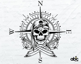 Pirate Compass Svg Bestand | Schedel Kompas Svg | Nautisch Svg| Piraat Svg | Windroos Svg| Png DXF Jpg Eps-bestand voor Cricut Silhouet Afdrukbaar