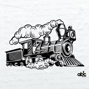 May include: A black and white illustration of a vintage steam train engine with smoke coming from the chimney. The train is facing right and has a large wheel in the front.