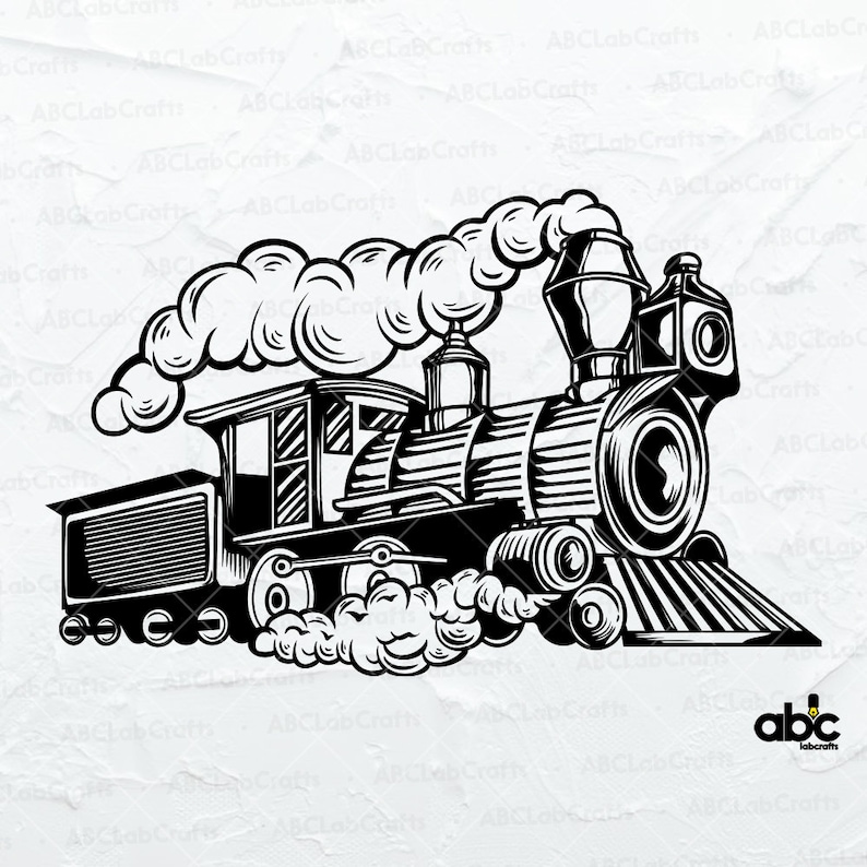May include: A black and white illustration of a vintage steam train engine with smoke coming from the chimney. The train is facing right and has a large wheel in the front.