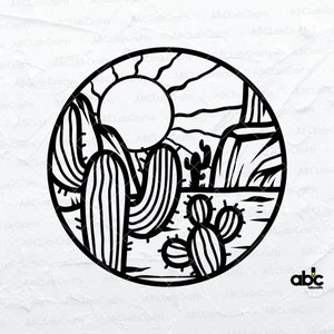 May include: Black and white line art illustration of a desert landscape with cacti, mountains, and a sun. The illustration is in a circle.