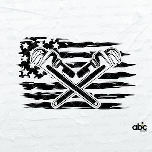 May include: Black and white silhouette of two crossed adjustable wrenches over a distressed American flag design.