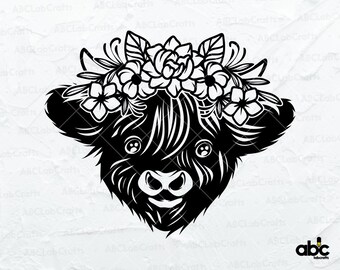 Highland Cow Svg File | Cow Clipart | Cow Png | Cow with Flowers on Head | Cute Cow Svg | Baby Highland Cow Svg | Cow with Flower Crown Svg